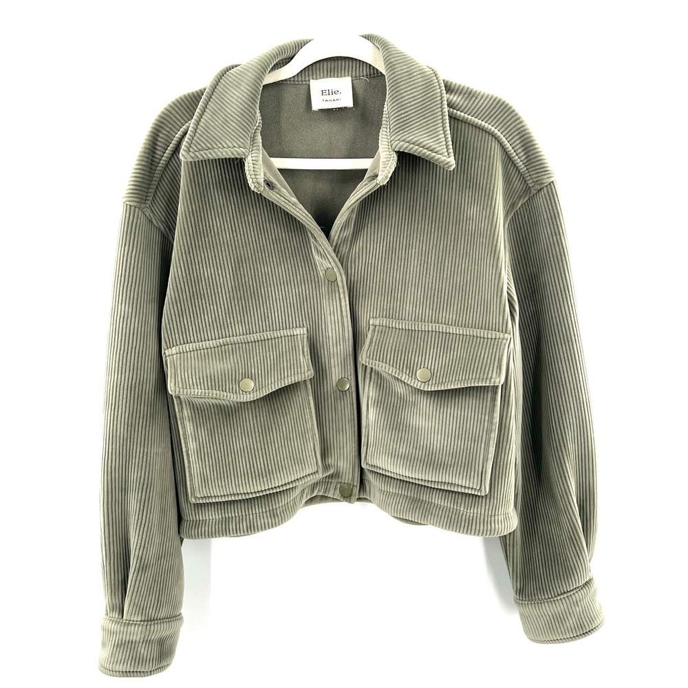 Elie Tahari sage green corduroy cropped trucker chore jacket boxy fit SOFT L - Picture 2 of 9